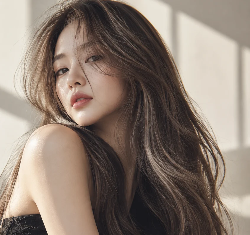 ANDO Salon model with glossy long layered brunette hair